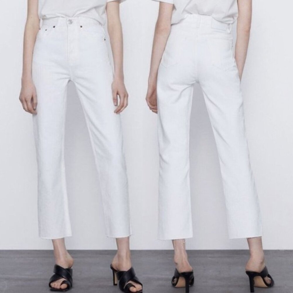 zara | women white cotton mid-rise straight cropped denim frayed raw hem jeans